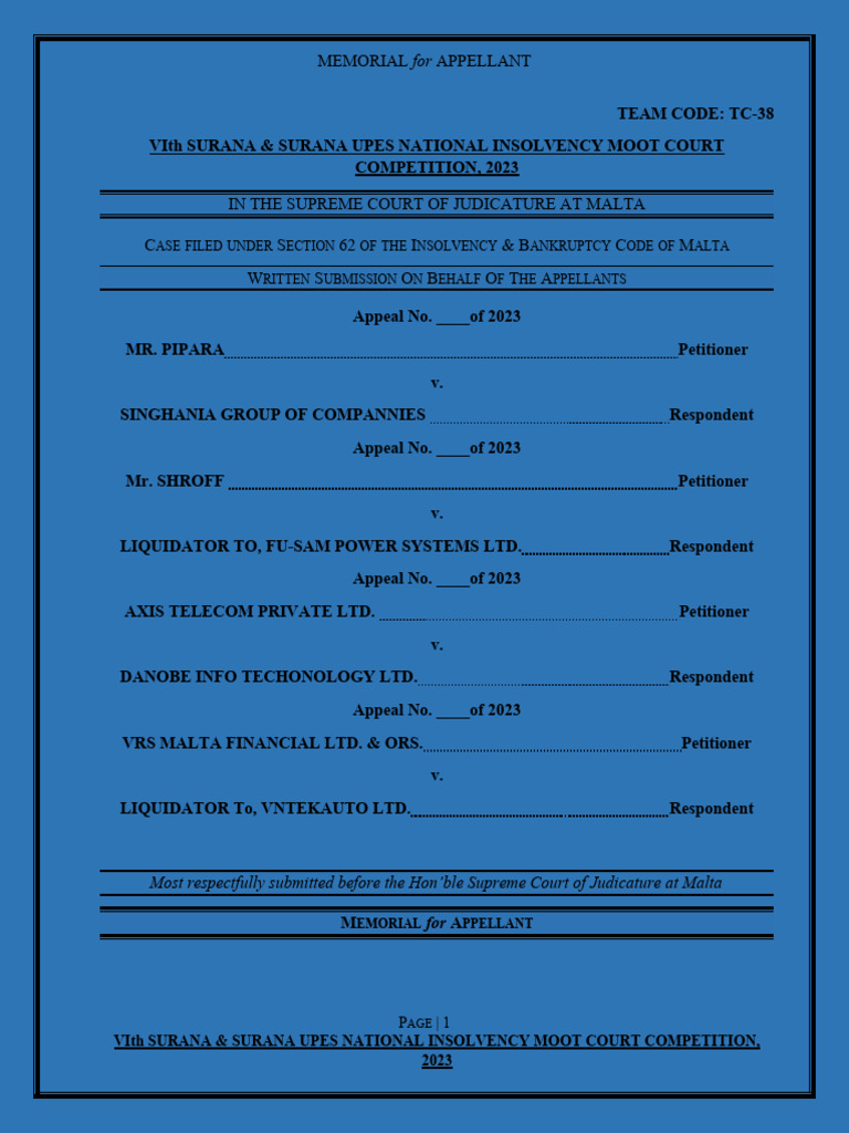 Memorial for Appellant in Malta Insolvency Case | PDF | Bankruptcy ...