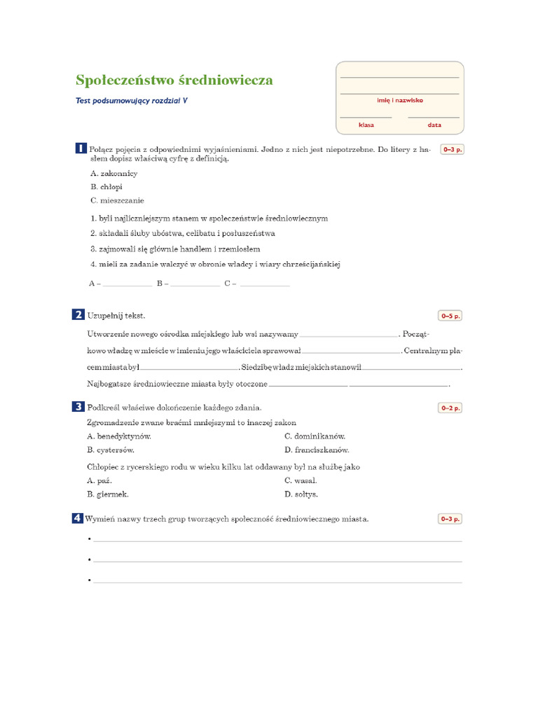 Test Historia Klasa 5 Dział 1 Test Historia Dział 5 Klasa 5 | PDF