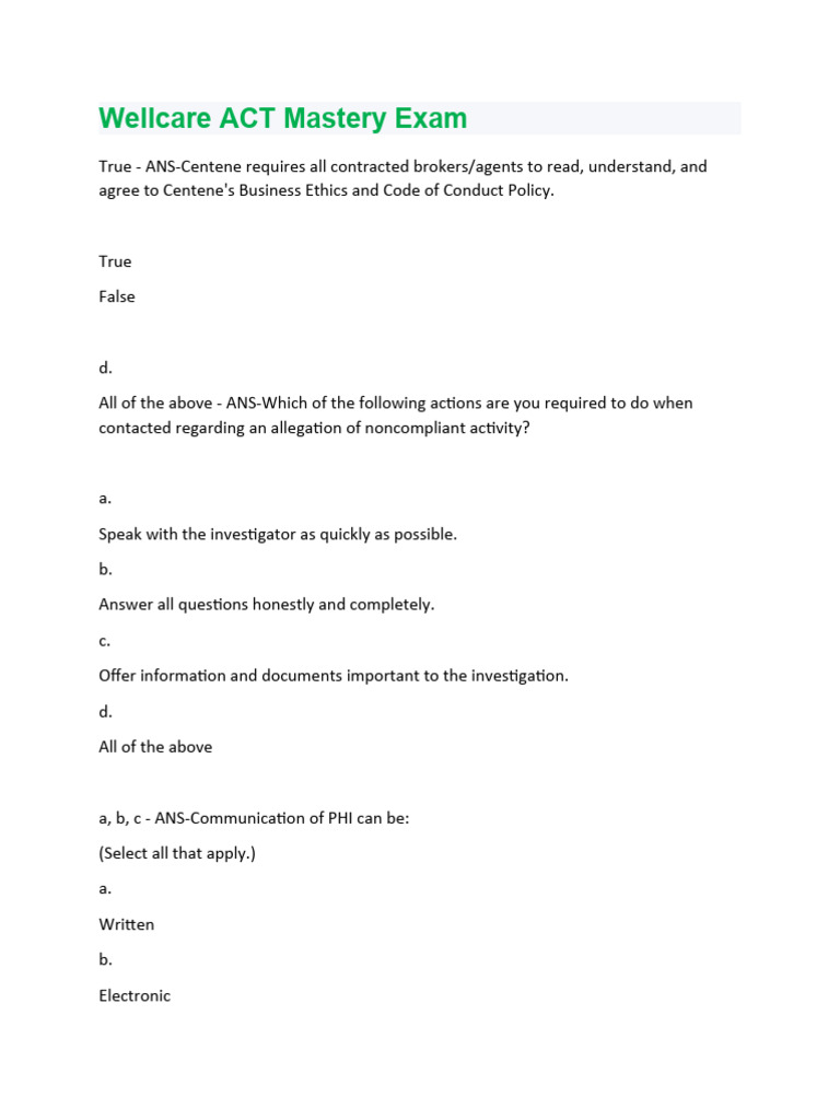 Wellcare ACT Mastery Exam | PDF | Medicare (United States) | Social