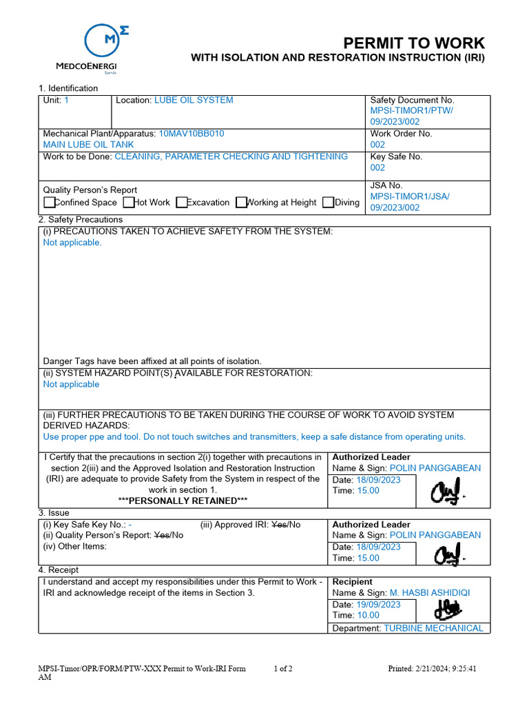 PTW Sample-Lube Oil System | Download Free PDF | Occupational Safety ...