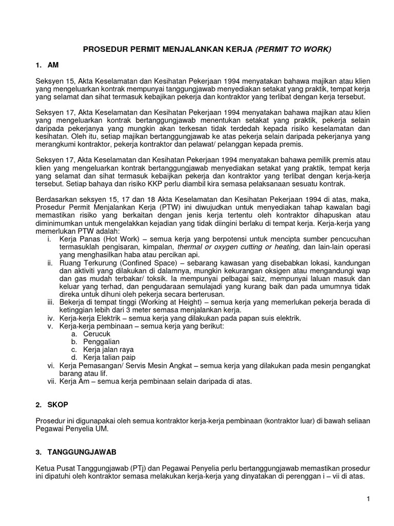 Prosedur Permit Kerja (PTW) Konstruksi | PDF