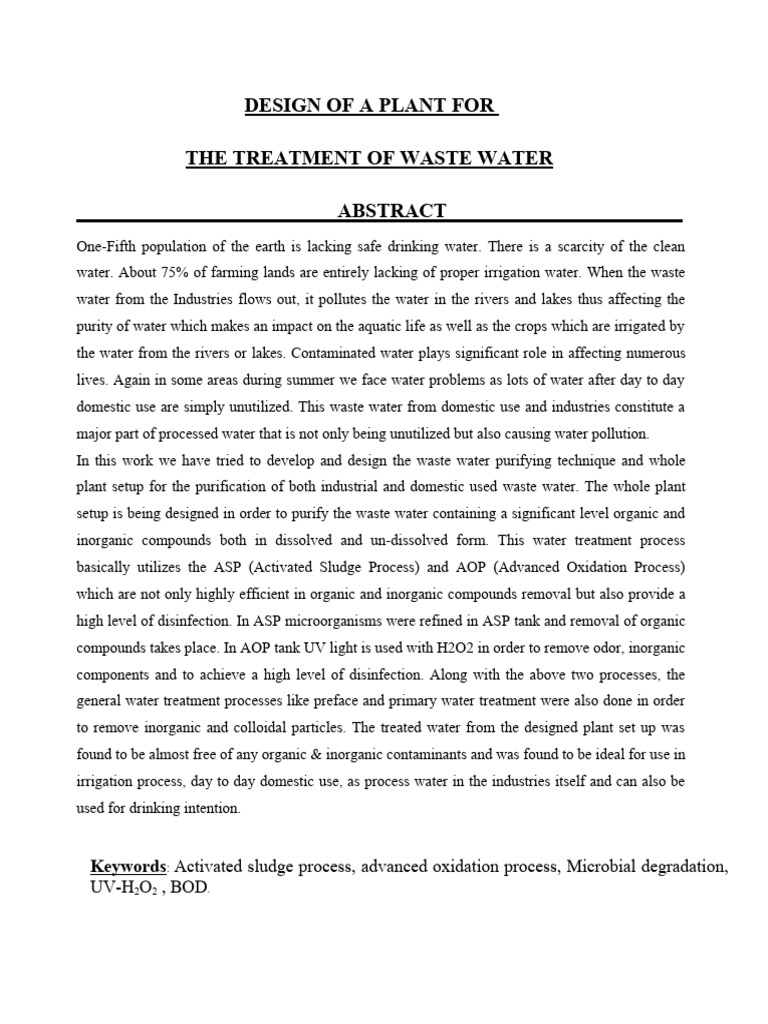 Plant Design For Microbial Treatment of Waste Water With Advanced ...