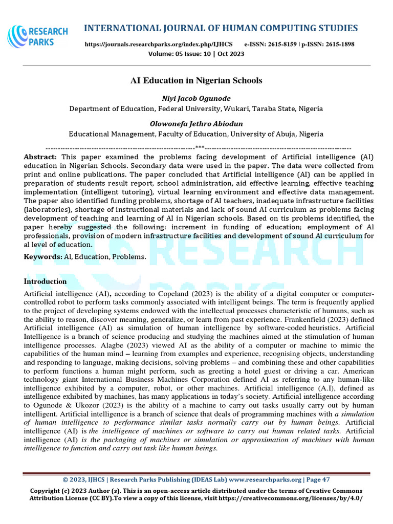 Ai Education In Nigerian Schools Pdf Artificial Intelligence