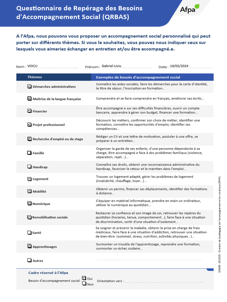 Questionnaire d'Accompagnement Social AFPA | PDF | Invalidité
