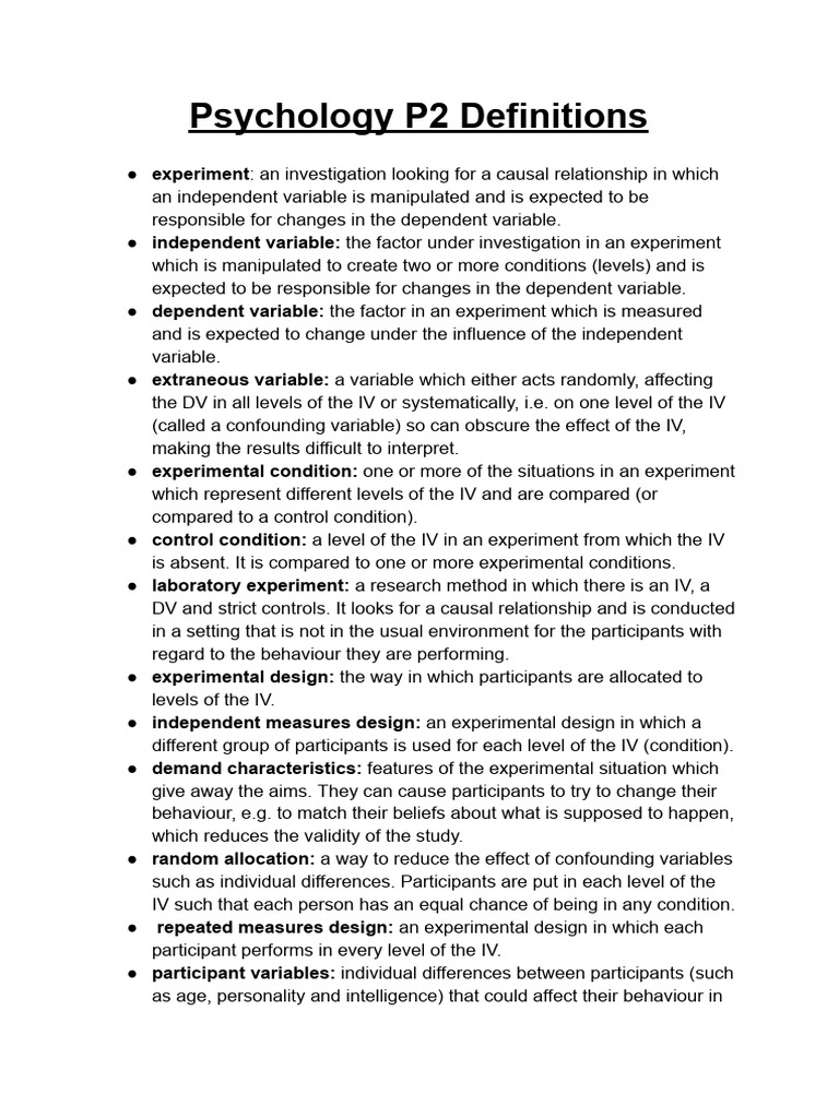Psychology P2 Definitions | PDF | Experiment | Validity (Statistics)