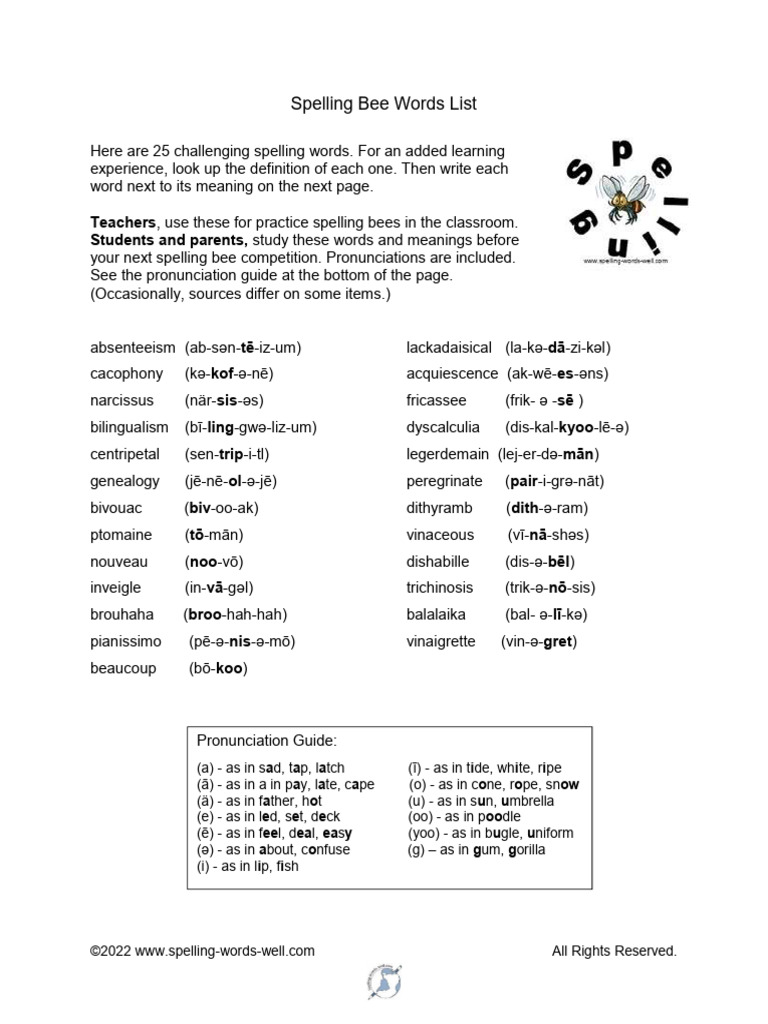 Challenging Spelling Bee Words List | PDF