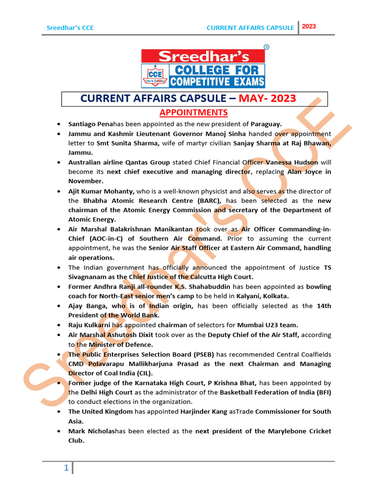 CURRENT Affairs MAY-2023 | PDF | Reserve Bank Of India | Banks