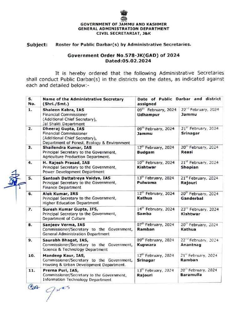 Public Darbar Schedule for J&K Officials | PDF | Government Of India ...