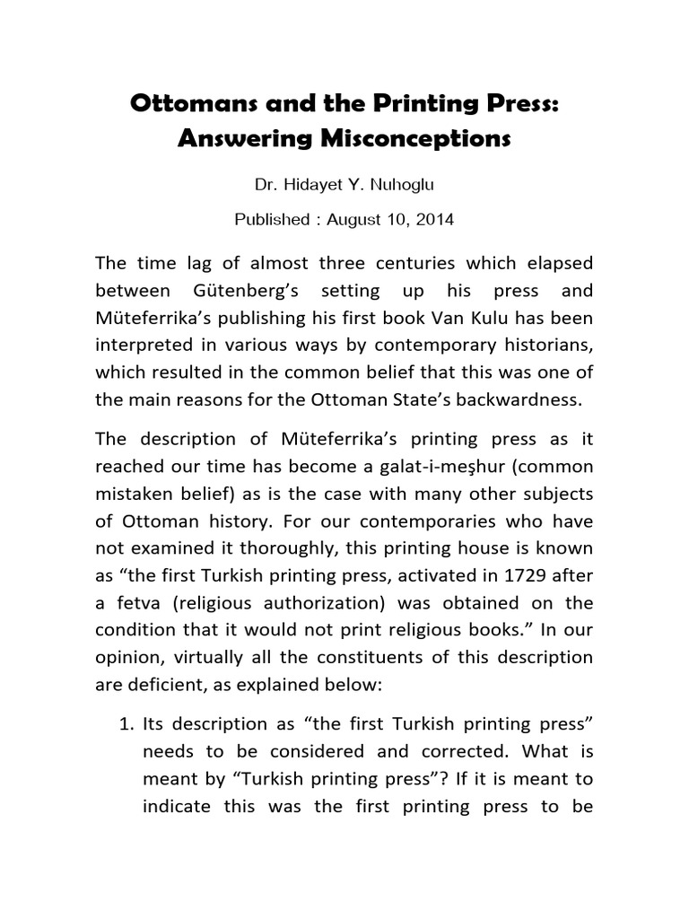 Ottomans and The Printing Press Answering Misconceptions Nuhoglu