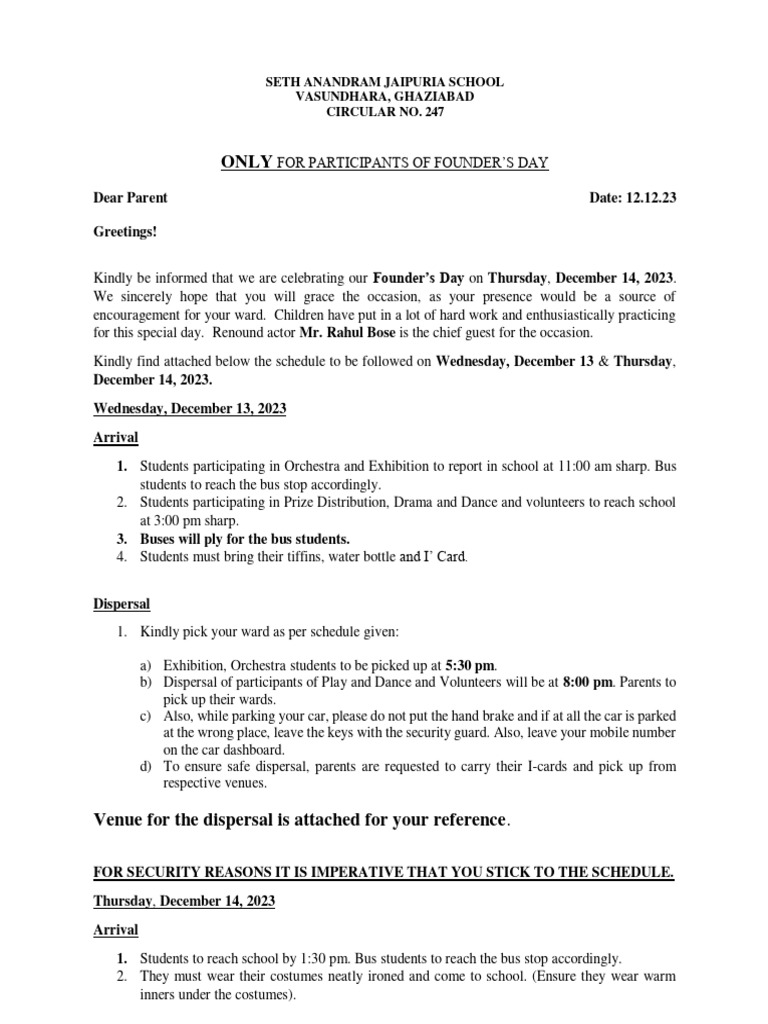 Circular 247, Only For Participants, VI To XI ... Dispersal and Parking ...
