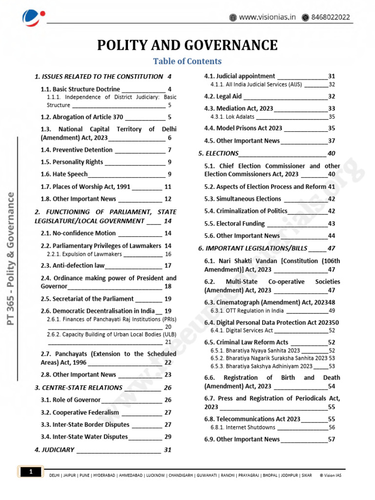 Vinsion IAS PT365 Polity 2024 | PDF | Parliamentary Immunity | Government