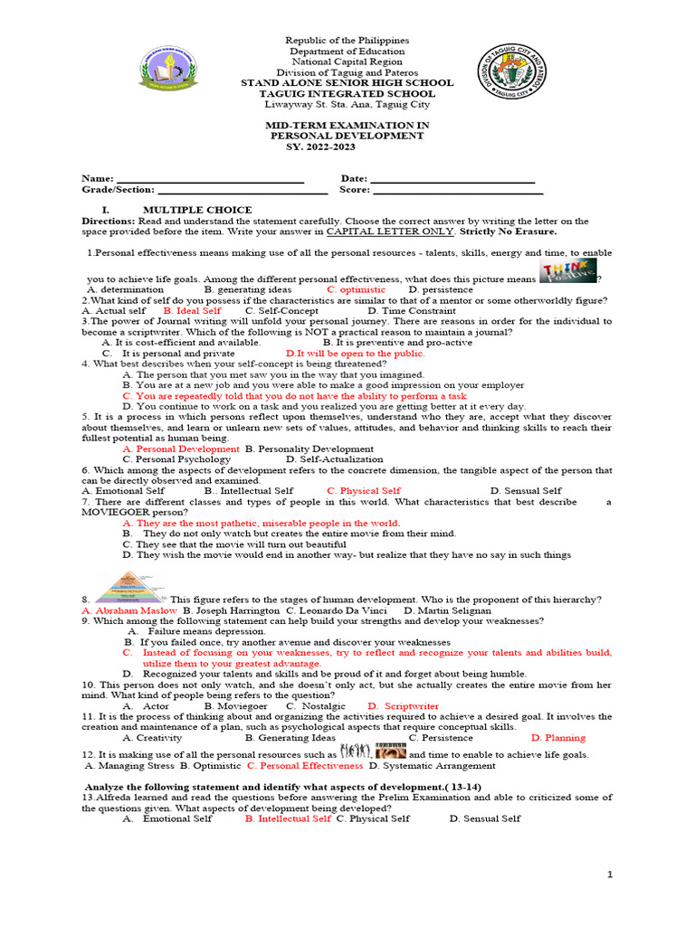 Personal Development Exam Answer Key | PDF | Adolescence ...
