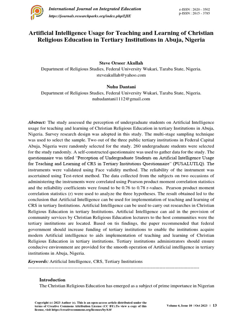 Artificial Intelligence Usage For Teaching and Learning of Christian ...