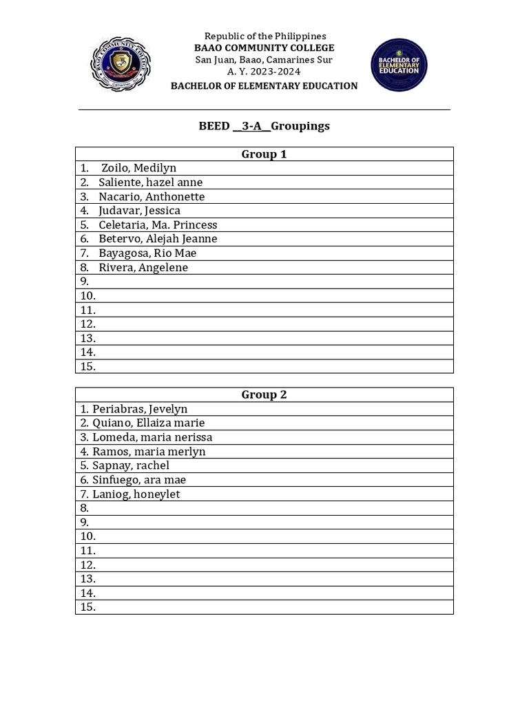 Beed Groupings Format Pdf