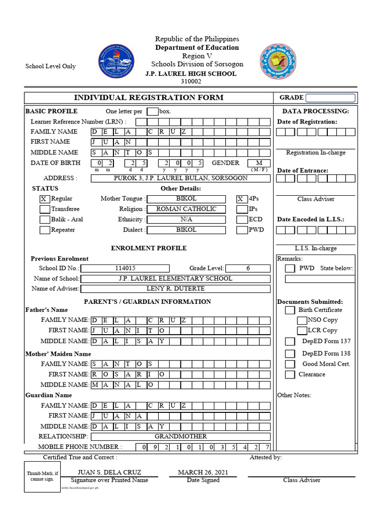 J.P. Laurel School Enrollment Form | PDF
