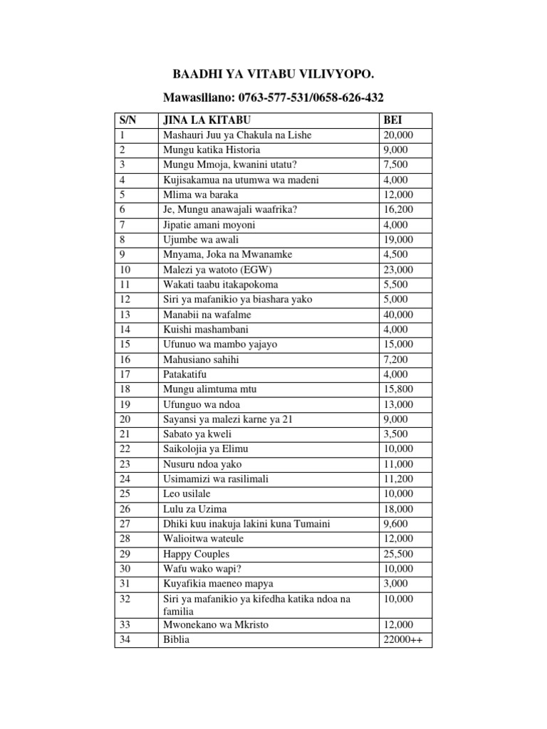 Baadhi Ya Vitabu Vilivyopo Pdf