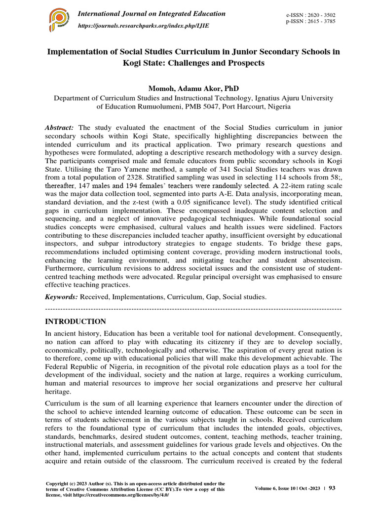 Implementation of Social Studies Curriculum in Junior Secondary Schools ...