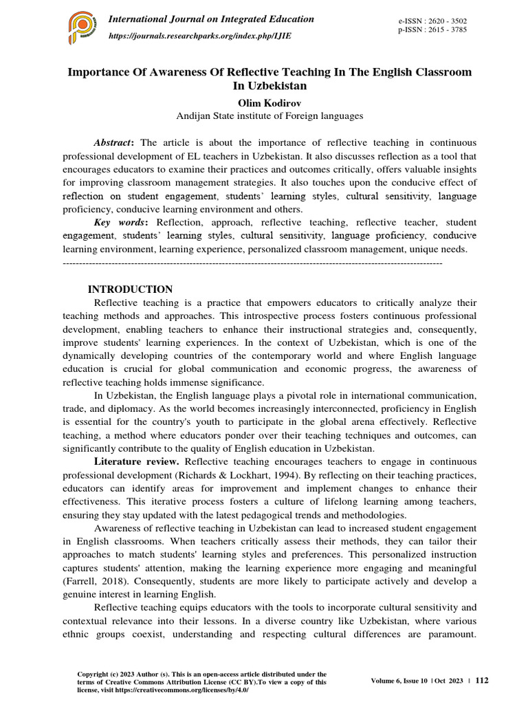 Importance of Awareness of Reflective Teaching in The English Classroom ...