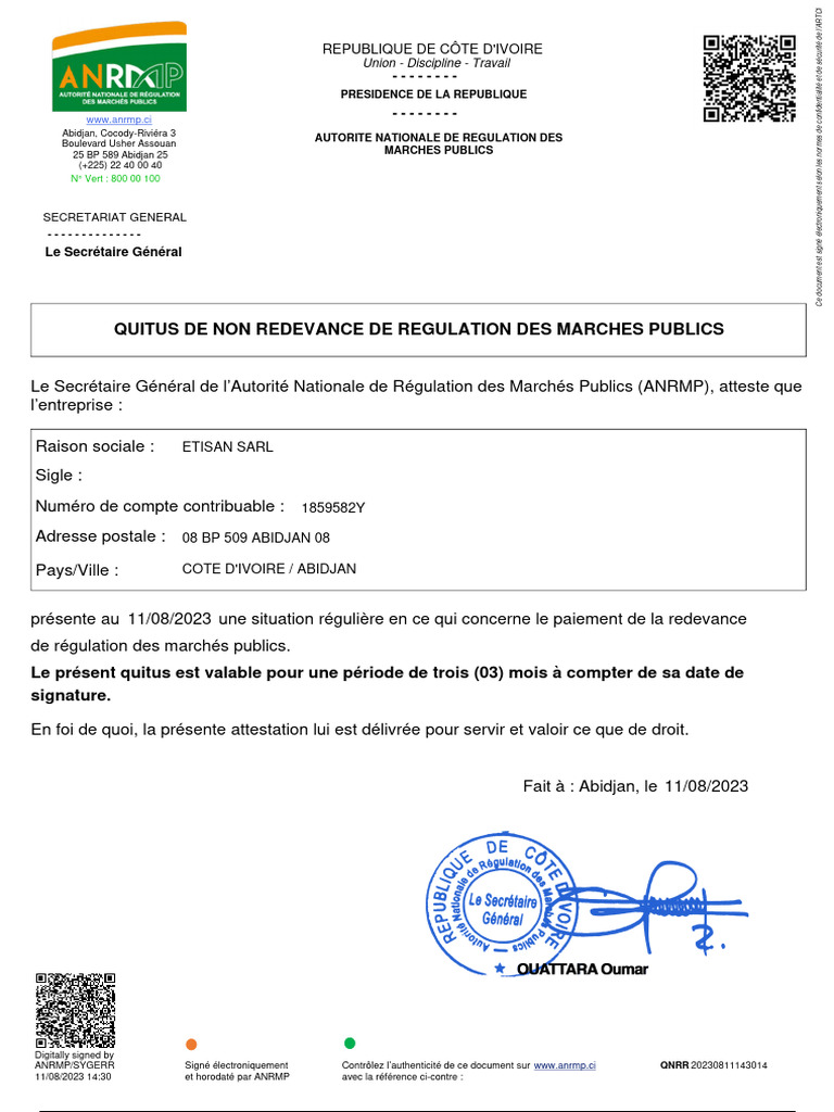 Quitus de Non Redevance ANRMP | PDF
