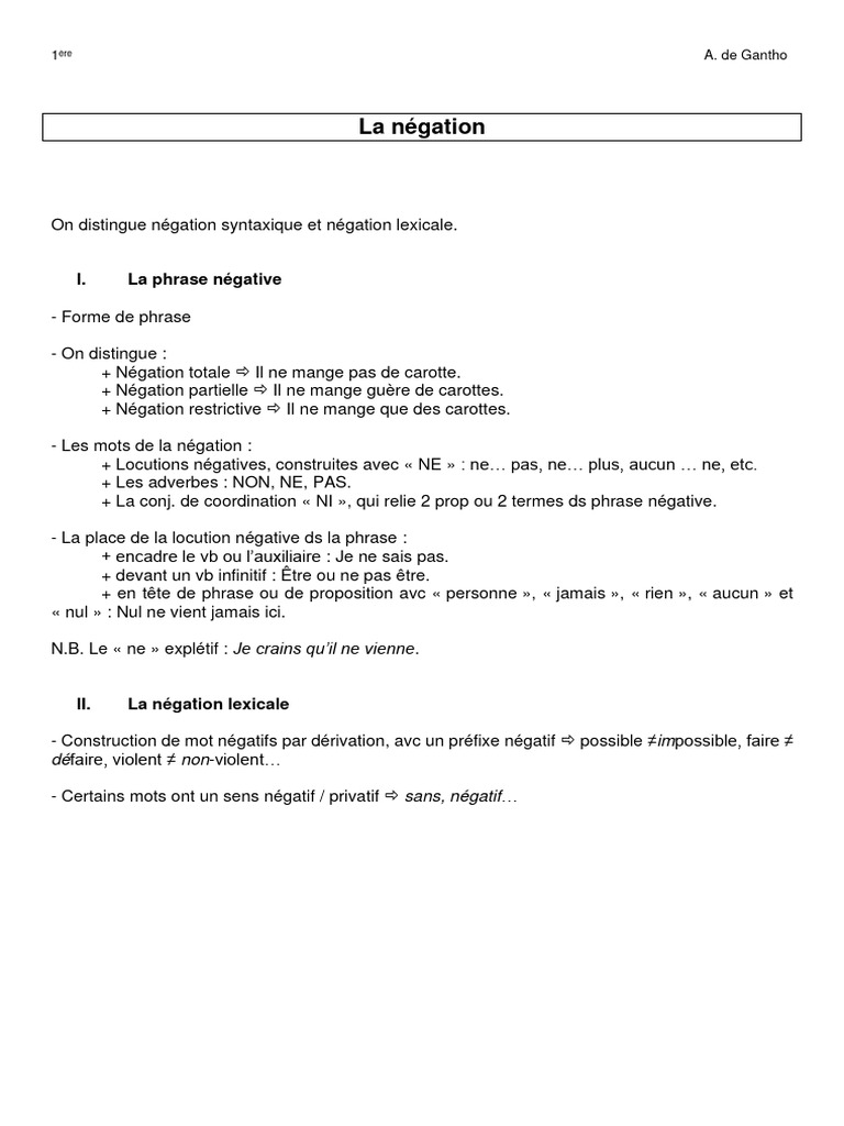 La Négation en 1ère : Types et Exemples | PDF