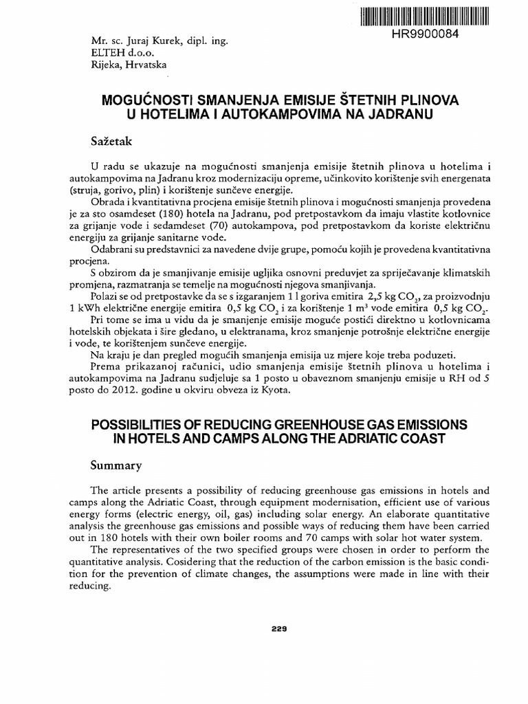 Dobro Emisije CO2 Za Potrosnju VODE U Hotelima Hrvatska | PDF