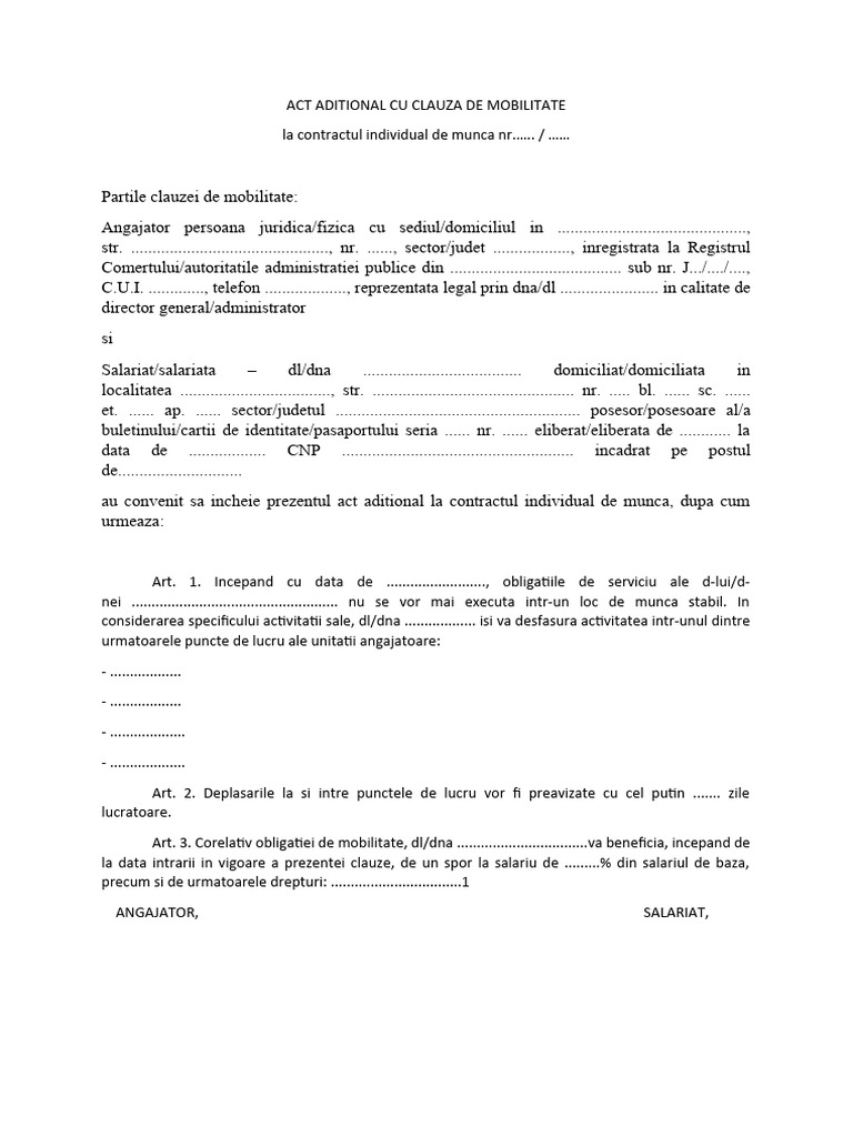 Act-Aditional-Cu-Clauza-de-Mobilitate MODEL | PDF