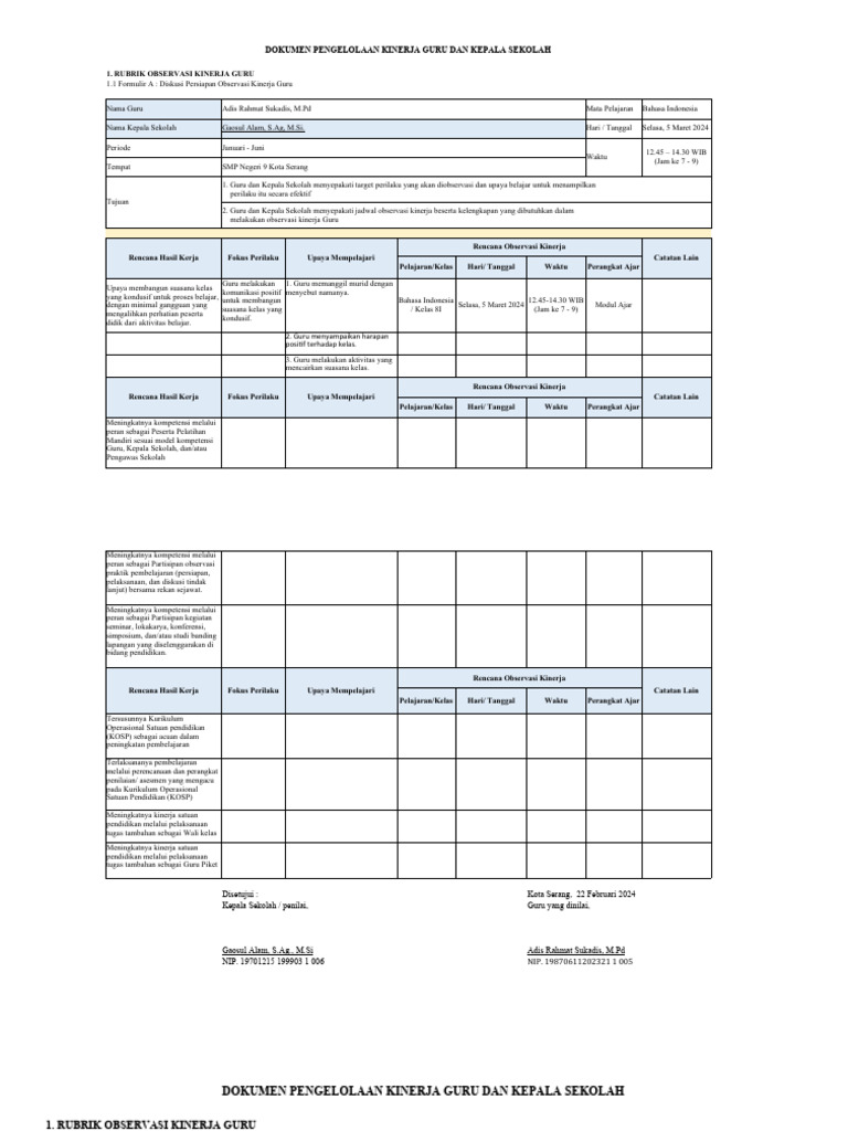 Contoh Form Observasi Kinerja Guru Pdf
