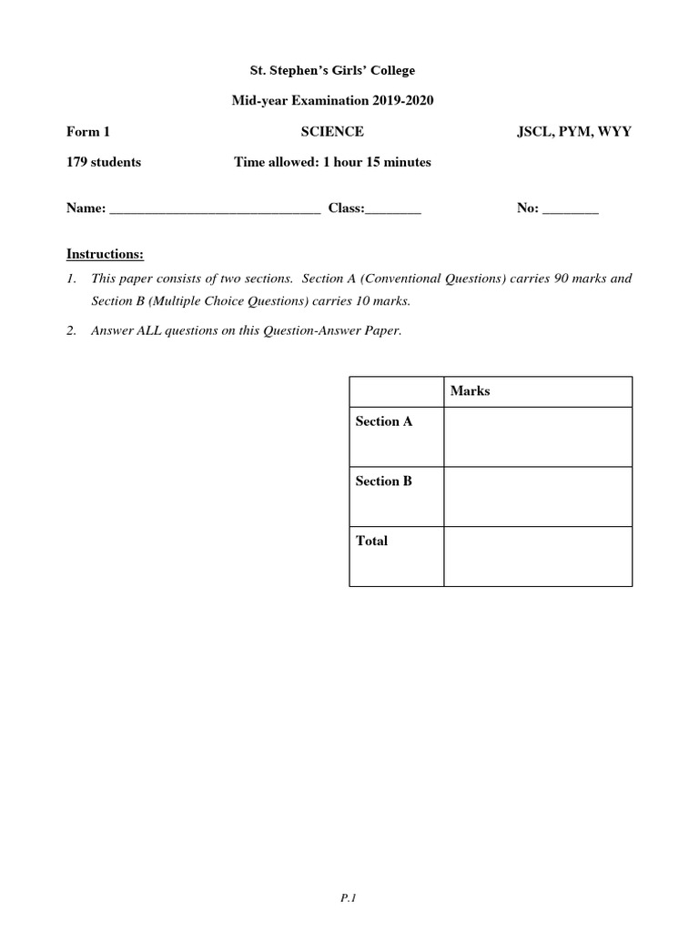 F.1 Science Mid-Year Exam Paper 2019-2020 | PDF | Experiment | Water