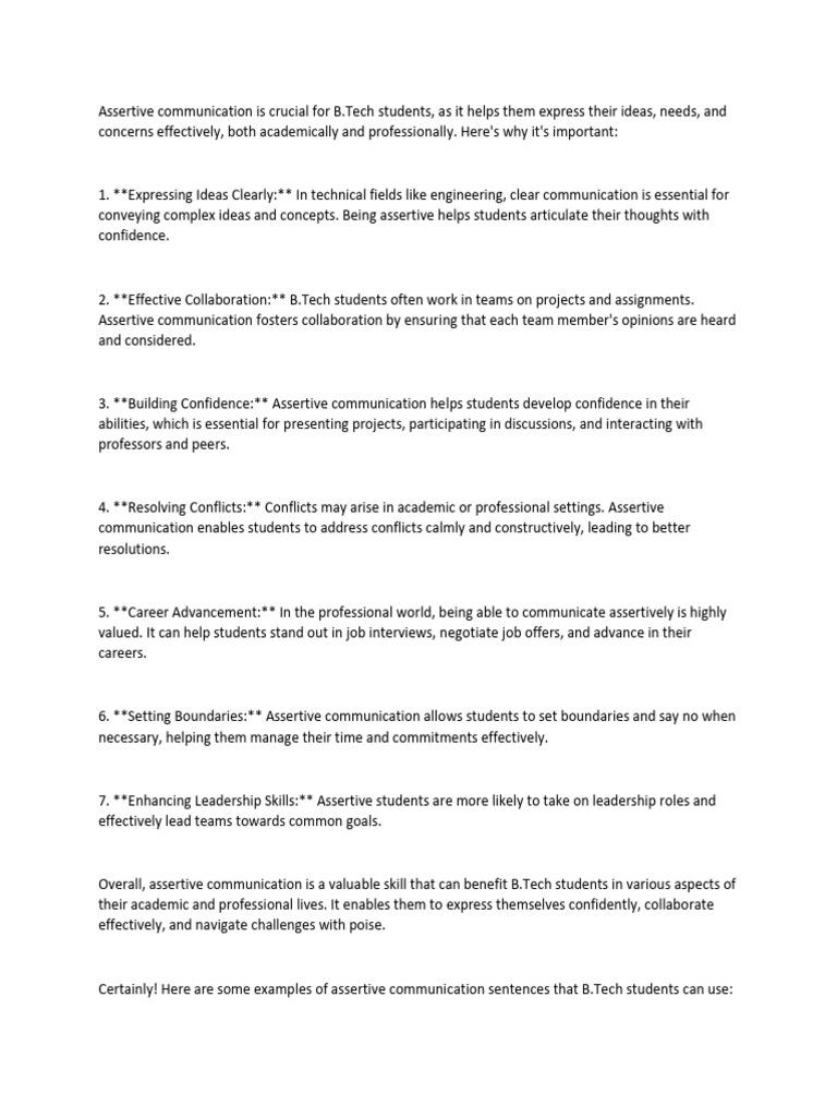 Importance Of Assertive Communication For B Tech Students Pdf