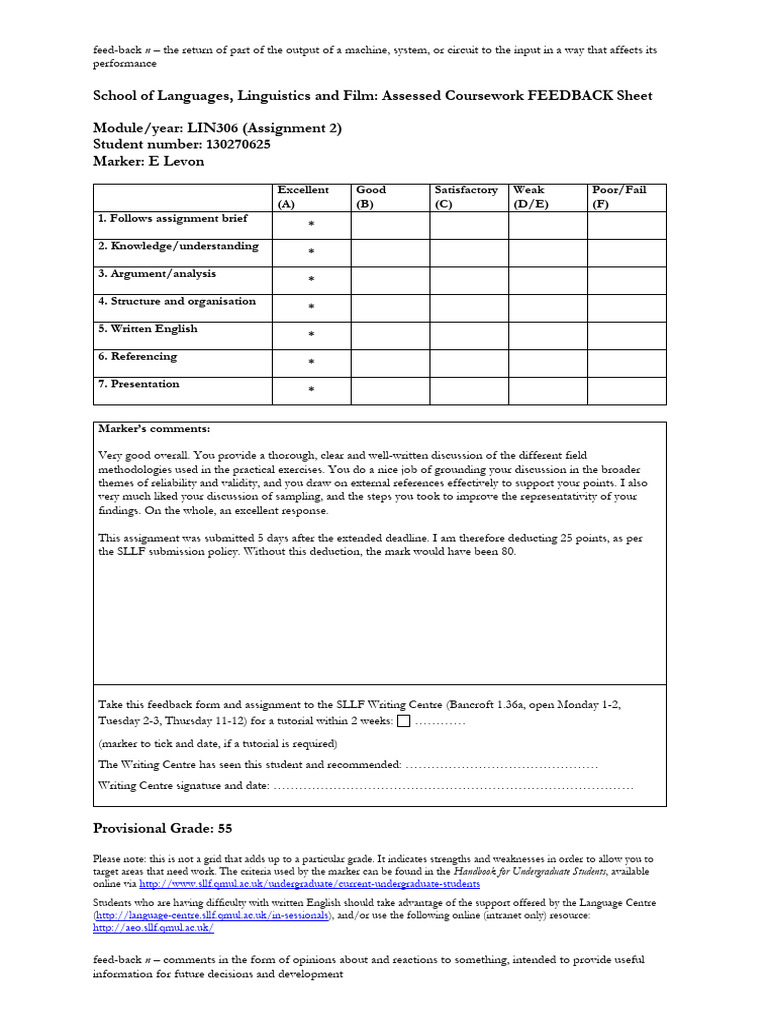LIN306 Assignment 2 Feedback Summary | PDF | Survey Methodology | Self ...