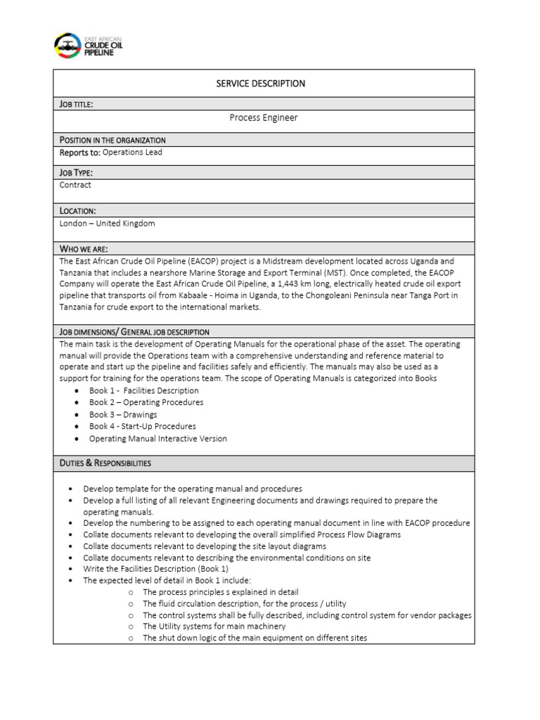 EACOP Company - SD - Process Engineer - Job Description | PDF ...