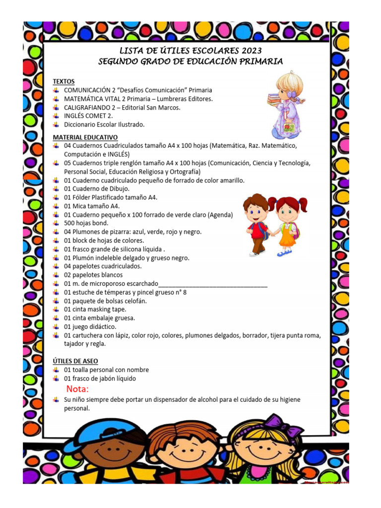Útiles Escolares 2023: 2° Grado Primaria | PDF