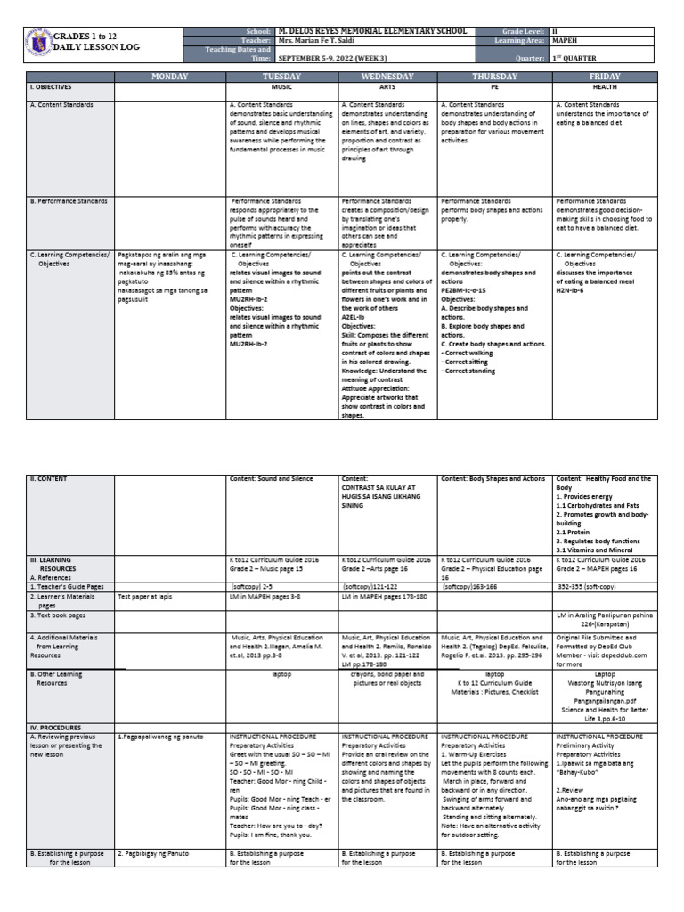 Grade 2 MAPEH Daily Lesson Log | PDF | Curriculum | Physical Education