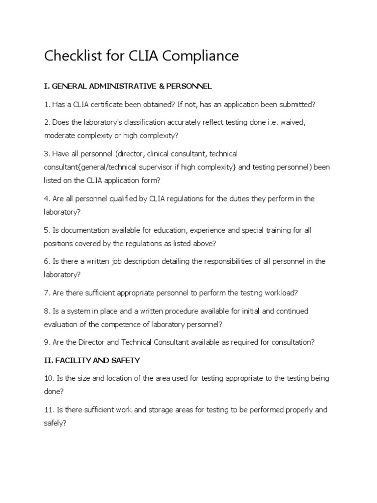 Checklist For CLIA Compliance Assay Calibration