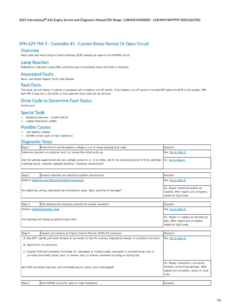 SPN 629 FMI 5 Controller 1 Current Below Normal or Open Circuit PDF