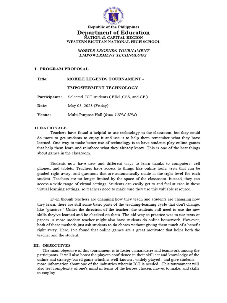 Mobile Legends Proposal Pdf Educational Technology Learning
