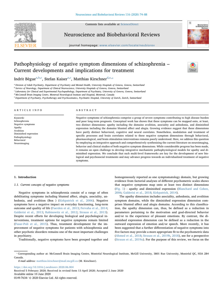 Pathophysiology of negative symptoms dimensions of schizophrenia pdf