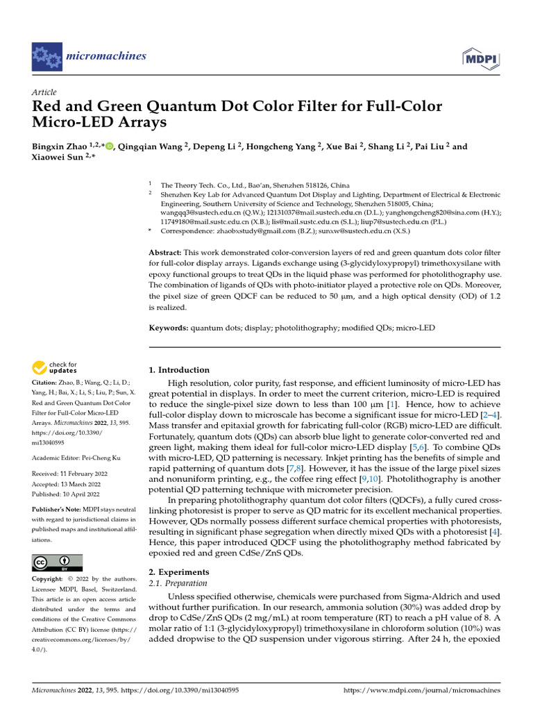 Red and green quantum dot color filter for full color micro led arrays