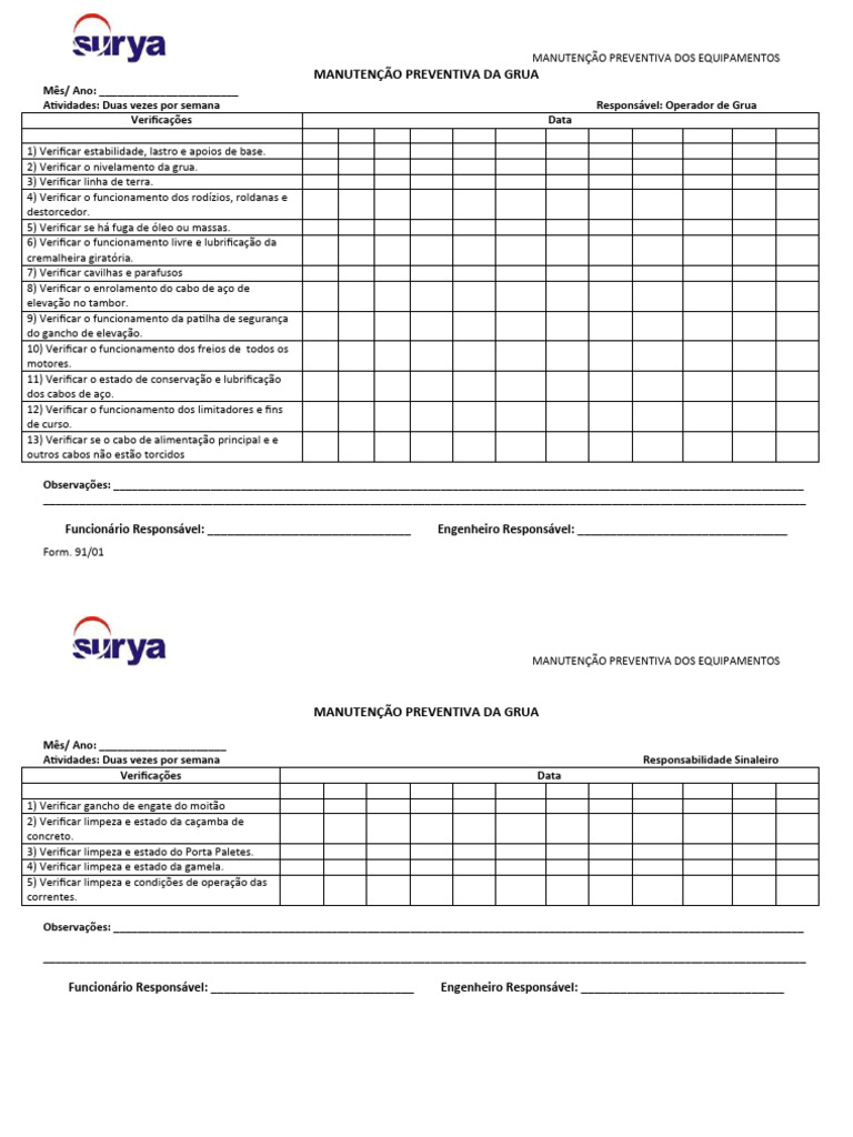 Form 91 - Livro de Manutenção Preventiva Da Grua | PDF | Guindaste ...