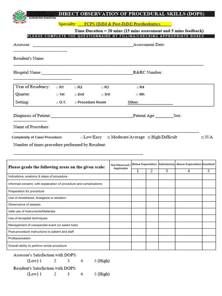 DOPS Assessment Form for Prosthodontics | PDF | Health Sciences | Surgery