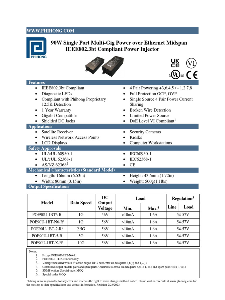 Phihong POE90U-1BT Datasheet | PDF | Electrical Engineering | Electronics