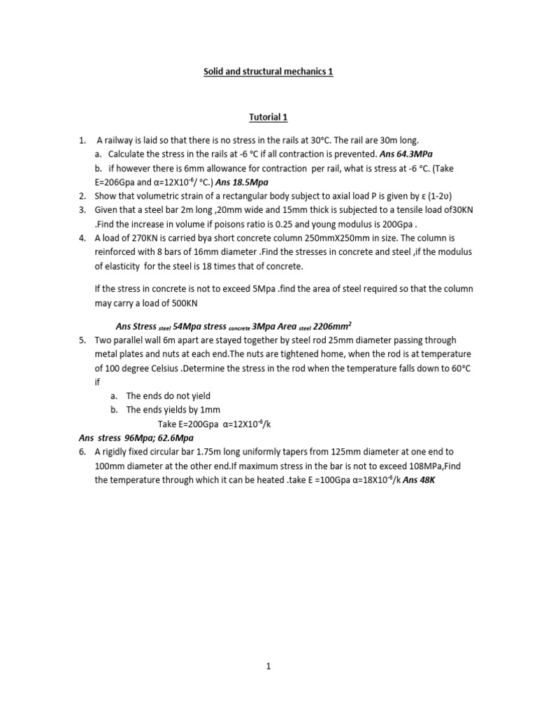 Tutorial One Solid Mechanics One | PDF | Stress (Mechanics) | Young's ...