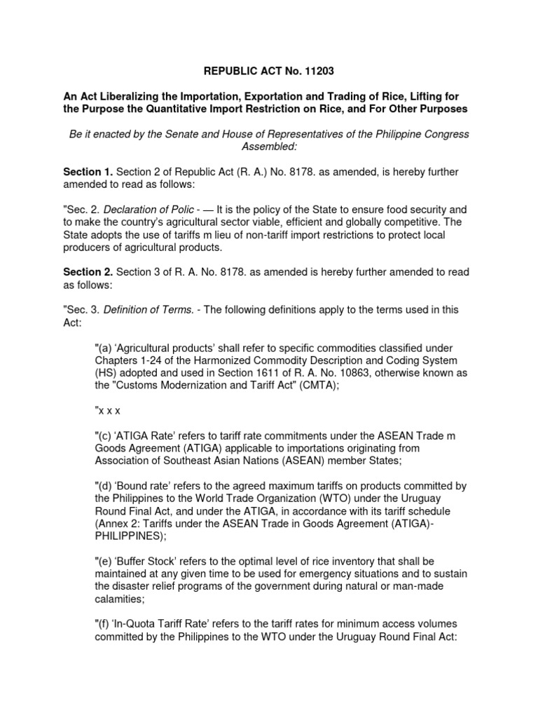 Republic Act No. 11203 | PDF | Tariff | World Trade Organization