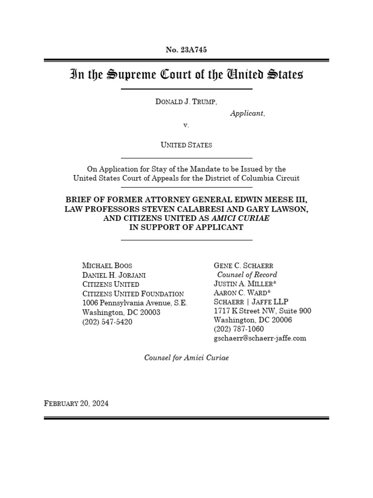 CU Files Amicus Brief in Trump v. U.S. (On Application For Stay of The ...