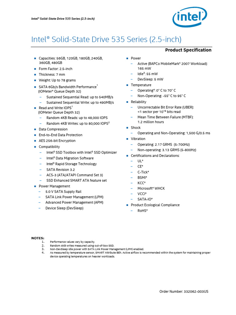 SSD 535 Spec | PDF | Solid State Drive | Recording Devices