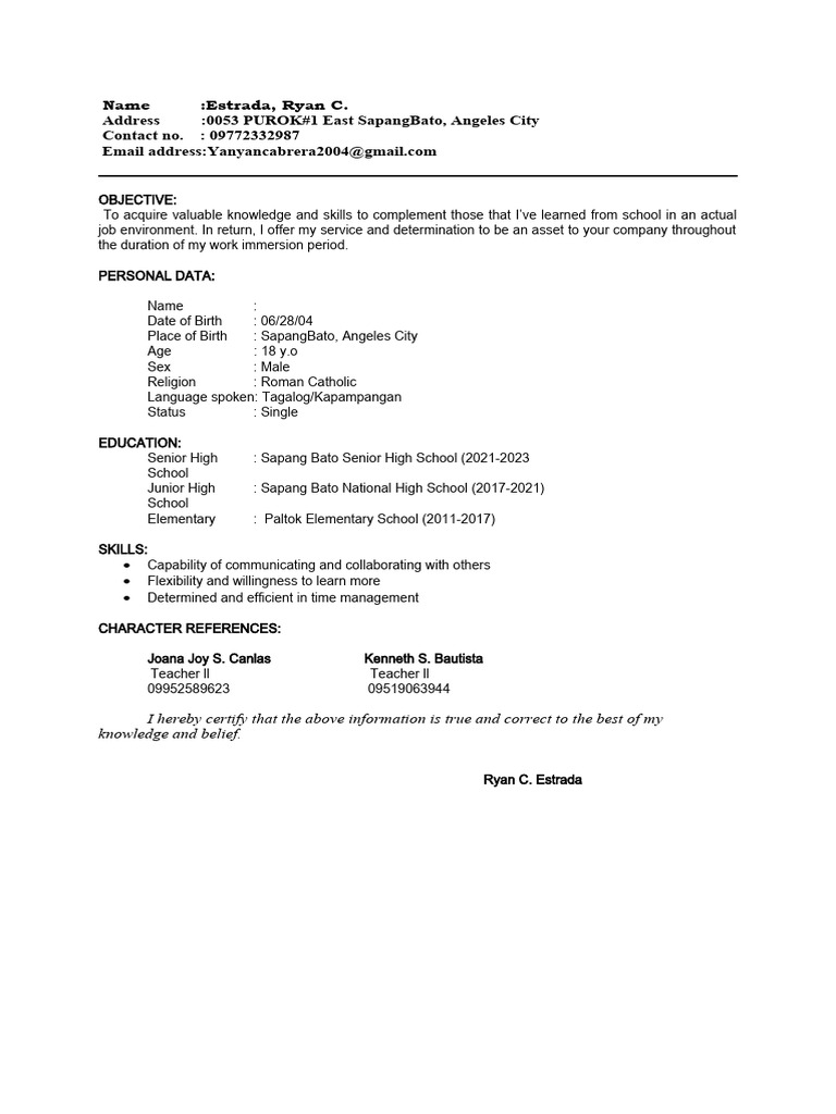 Work immersion resume template 1 5 2 pdf