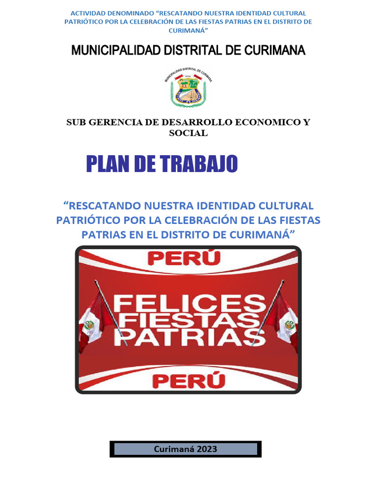 Plan De Trabajo Por Fiestas Patrias 2023 Pdf Perú