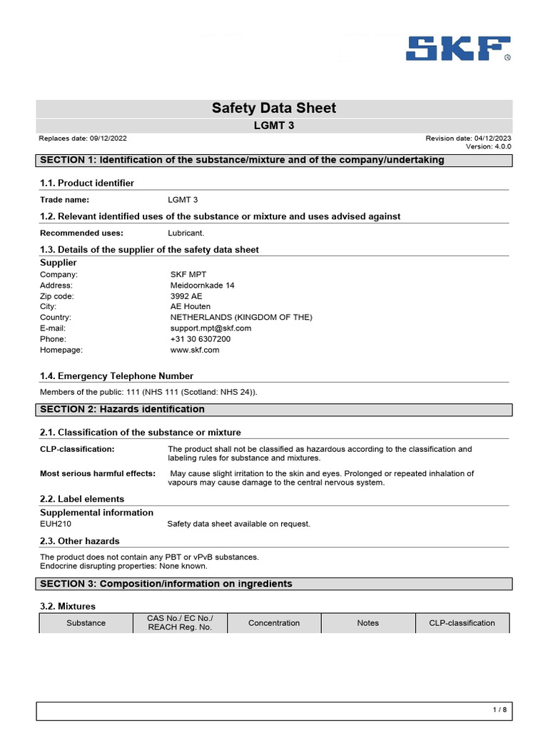 Msds SKF Bearing Grease PDF Toxicity Waste