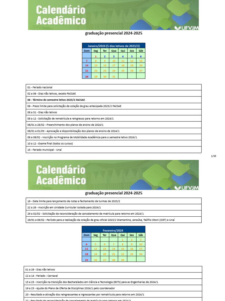 1 Calendário Acadêmico Cursos Presenciais UFVJM 20242025 Homologado