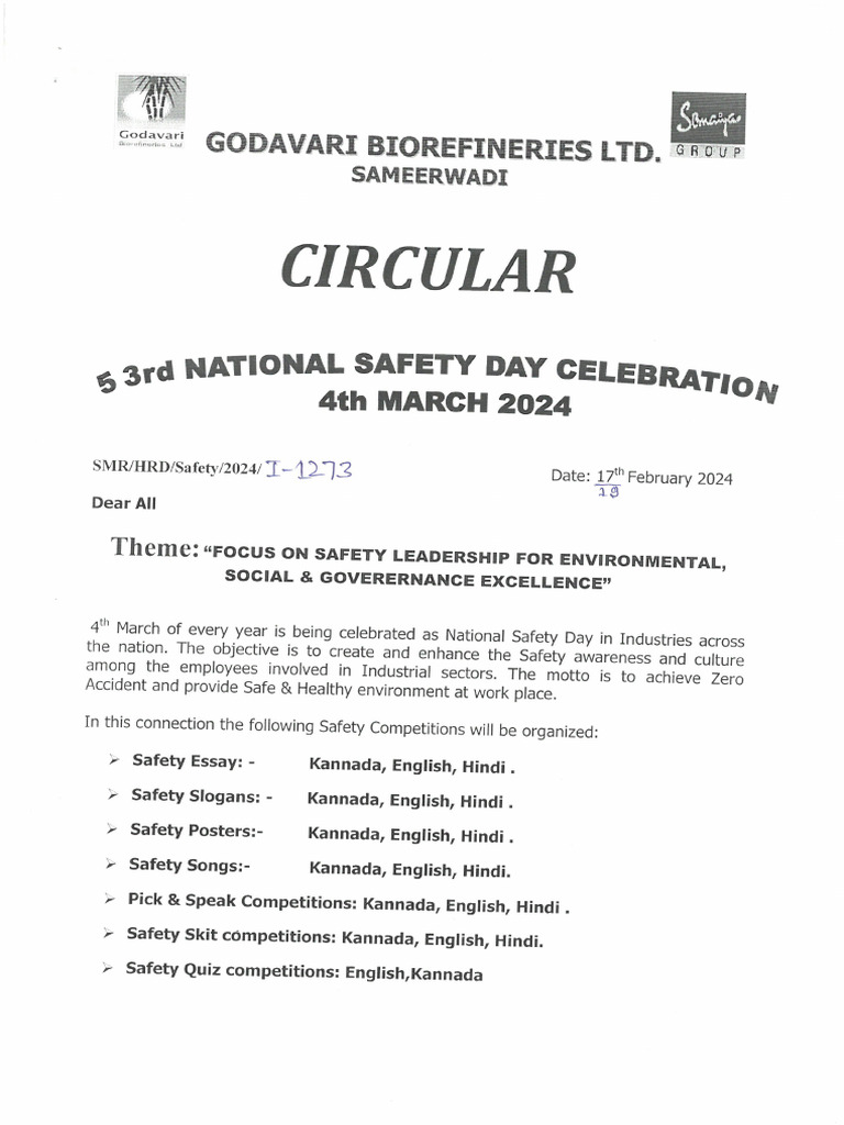 Nationa Safety Day Circular | PDF